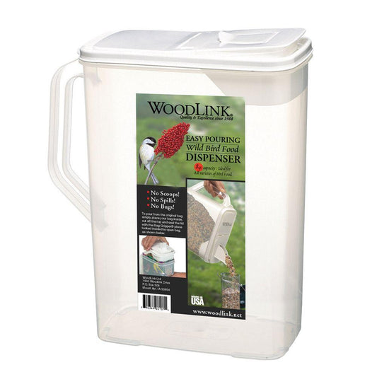 Audubon 8 quart seed storage container with patented dual-pour lid for easy filling and controlled pouring of birdseed or pet food.