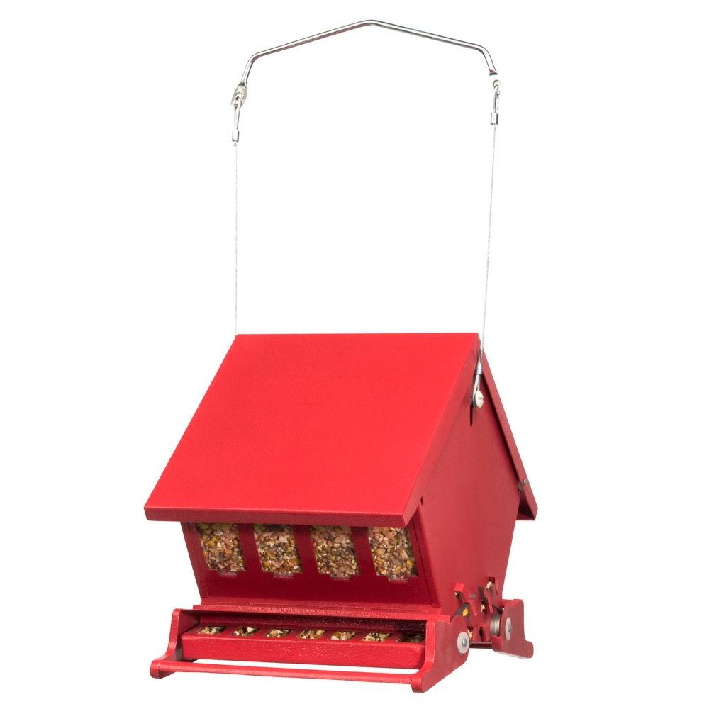 Audubon Mini Absolute squirrel-resistant hopper feeder with adjustable weight-activated perches and 4 lb seed capacity.