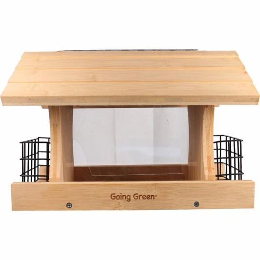 Audubon Premium Bamboo feeder with 4 lb seed capacity and two suet cages, featuring hinged roof and natural weather-resistant bamboo construction.