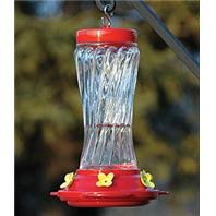 Audubon Swirl Glass hummingbird feeder with red top, four no-drip feeding flowers, and 16 oz nectar capacity.