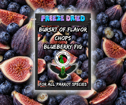 Blueberry Fig Burst of Flavor Battered Chop for parrots made with carrots, celery, green peppers, broccoli, cauliflower, kale, Red Delicious apples, Granny Smith apples, bananas, okra, green beans, corn, green peas, papaya, and carrot. Bag