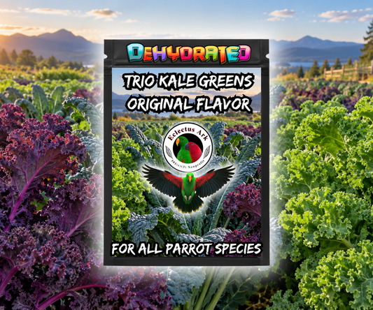 Dehydrated Trio Kale Greens parrot treat made with Green Kale, Lacinato Kale, and Red Scarlet Kale, thoroughly washed and dehydrated into crisp crunchy pieces for mixing into seeds, pellets, fresh foods, chop, or serving as a topper. Original Flavor - Product Bag Image