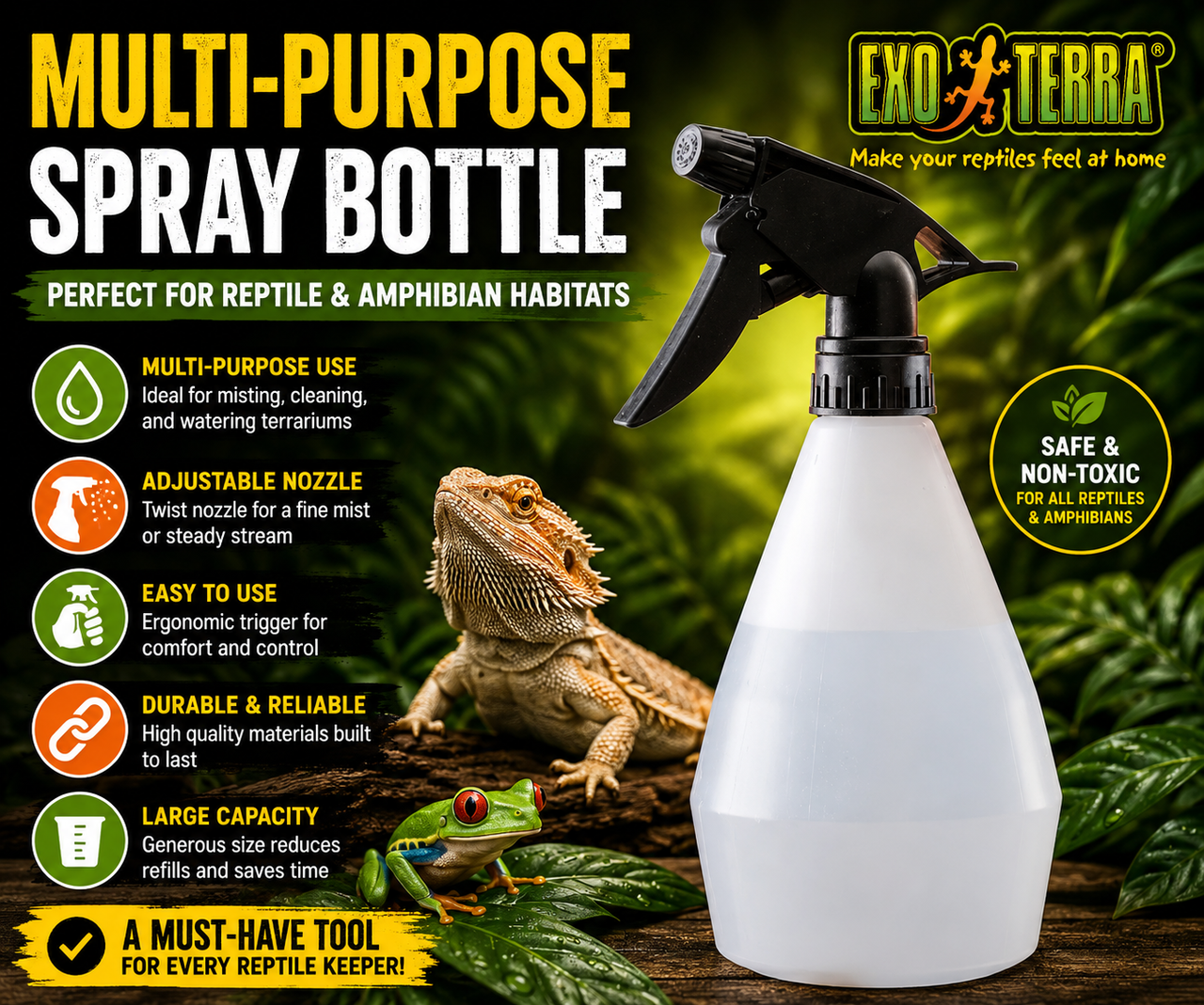 Exo Terra Mini Mister 16.7 Oz sprayer with adjustable nozzle for single stream or full mist spraying and locking mechanism for continuous terrarium misting. Promotional Image