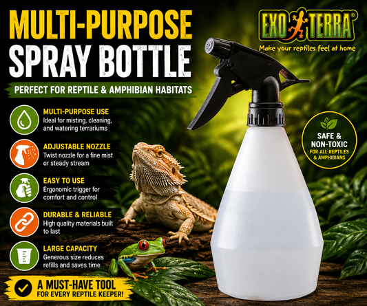 Exo Terra Mini Mister 16.7 Oz sprayer with adjustable nozzle for single stream or full mist spraying and locking mechanism for continuous terrarium misting. Promotional Image