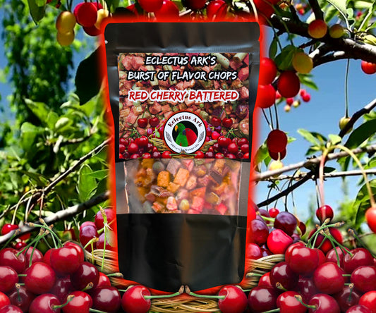 Front package of Eclectus Ark Freeze Dried Red Cherry Battered Chops – crunchy fruit bites coated in cherry batter.