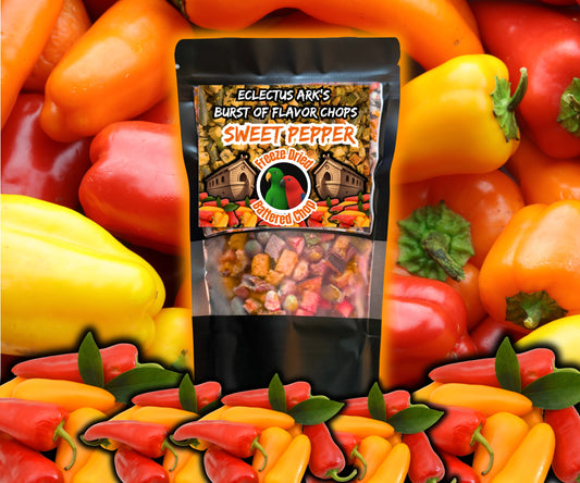 Product Photo of Eclectus Ark Freeze Dried Sweet Peppers Battered Chops – crunchy fruit bites coated in sweet pepper batter.