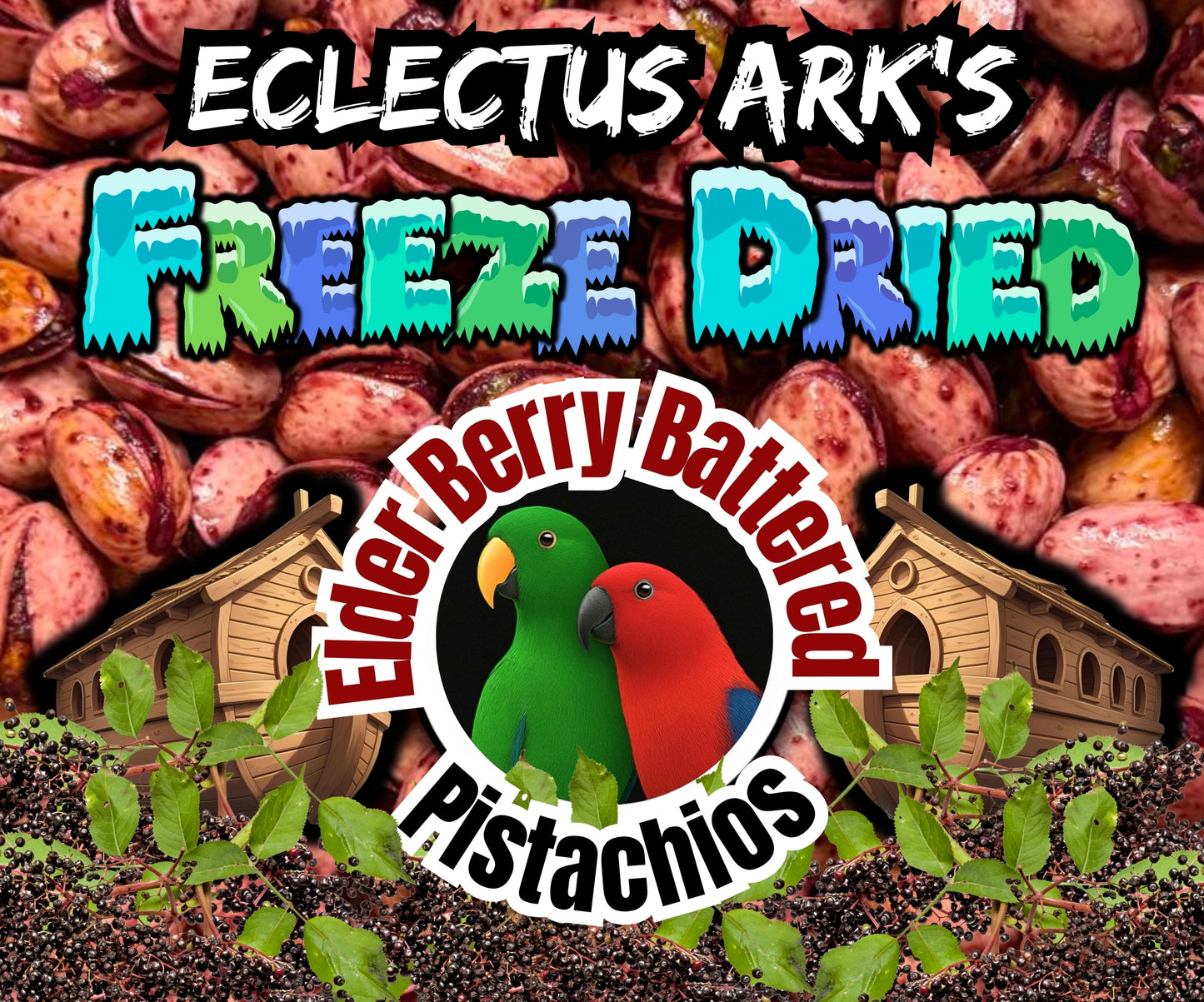 Freeze dried pistachios coated in elderberry puree, vibrant purple crunchy parrot treat handmade by Eclectus Ark