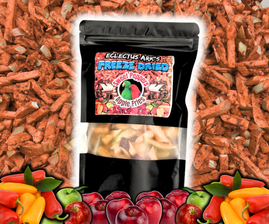 Front package of Eclectus Ark Freeze Dried Sweet Peppers Battered Apple Fries – crunchy apple fries coated in sweet pepper batter.