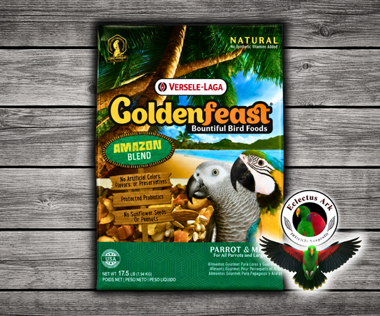 Goldenfeast Amazon Blend Natural Parrot Food with safflower, oats, cashews, almonds, walnuts, pumpkin seeds, roasted soybeans, pineapple, papaya, mango, cranberries, carrots, broccoli, Brazil nuts, pecans, figs, and protected probiotics for parrots, macaws, cockatoos, and large birds. 17.5 lb bag