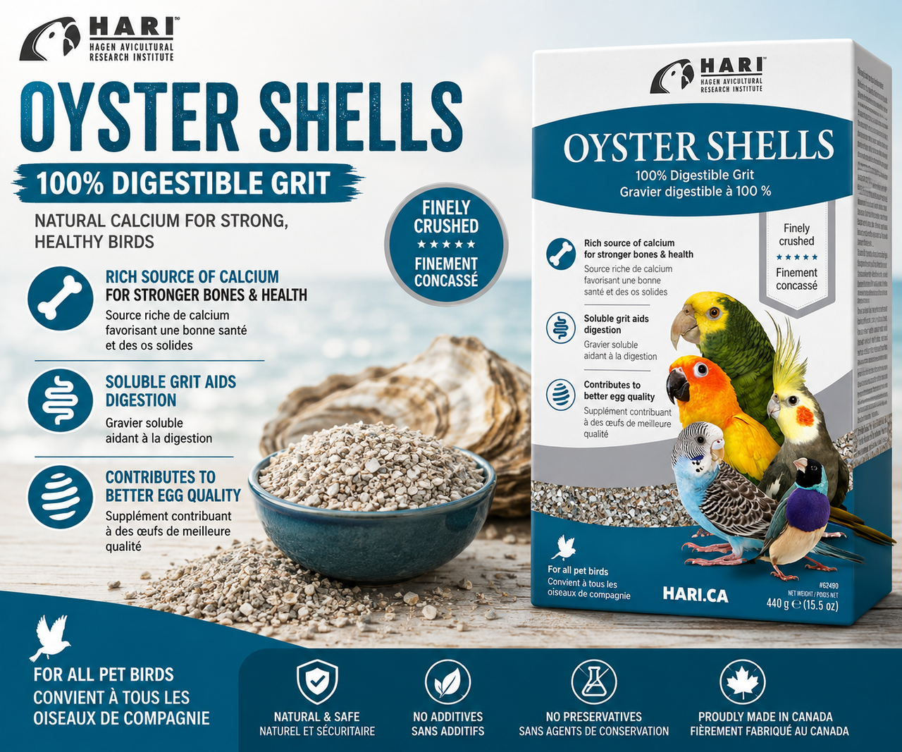 Hagen Hari Crushed Oyster Shells 15.5 Oz specially ground calcium and trace mineral supplement for caged birds, recommended year-round and during mating season. Promotional Image