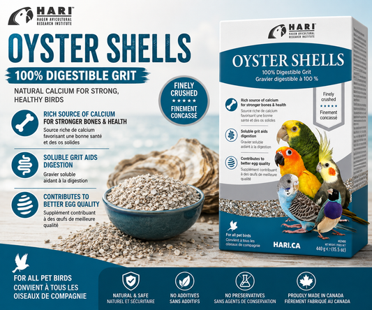 Hagen Hari Crushed Oyster Shells 15.5 Oz specially ground calcium and trace mineral supplement for caged birds, recommended year-round and during mating season. Promotional Image