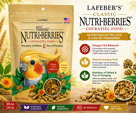 Lafeber Cockatiel Nutri-Berries with hulled seeds, grains, peanut granules, 8% pellets, vitamins, minerals, amino acids, and omega fatty acids for cockatiels, lovebirds, budgies, parakeets, conures, and small birds. 10 oz promo