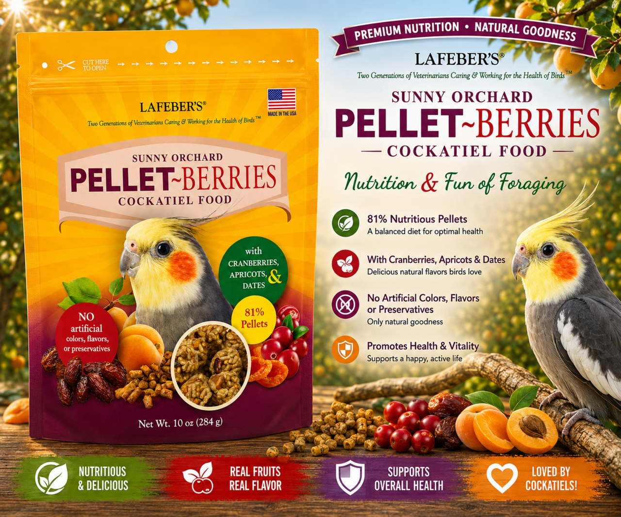 Lafeber Cockatiel Pellet-Berries 10 Oz with 81% pellets, 19% individual fruits and grains, cranberries, apricots, dates, red millet, hulled canary grass seed, vitamins, minerals, and omega fatty acids for cockatiels, lovebirds, conures, and small birds. Promo