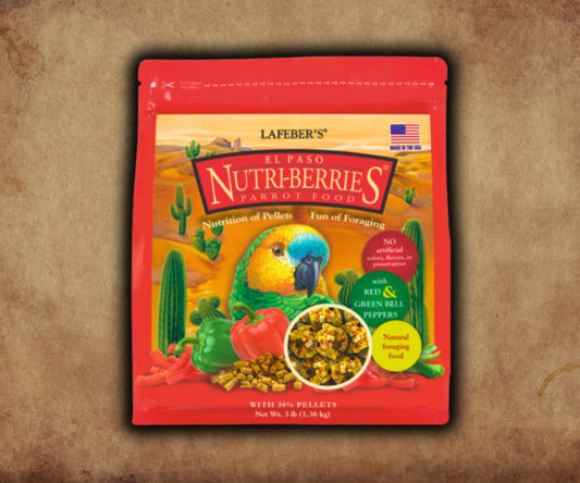 Bag of Lafeber El Paso Nutri-Berries — berry-shaped seed, grain and pepper nuggets for parrots, offering a spicy flavor, balanced nutrition, and foraging enrichment. 3 lb