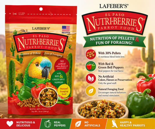 Lafeber El Paso Nutri-Berries for parrots with red bell pepper, green bell pepper, chili pepper, cumin, oregano, garlic powder, hulled seeds, grains, vitamins, and minerals in a foraging berry shape. 10 oz bag Promo