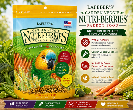 Lafeber Garden Veggie Nutri-Berries for parrots with carrots, peas, broccoli, corn, hulled seeds, grains, pellets, vitamins, and minerals in a foraging berry shape. 10 oz promo