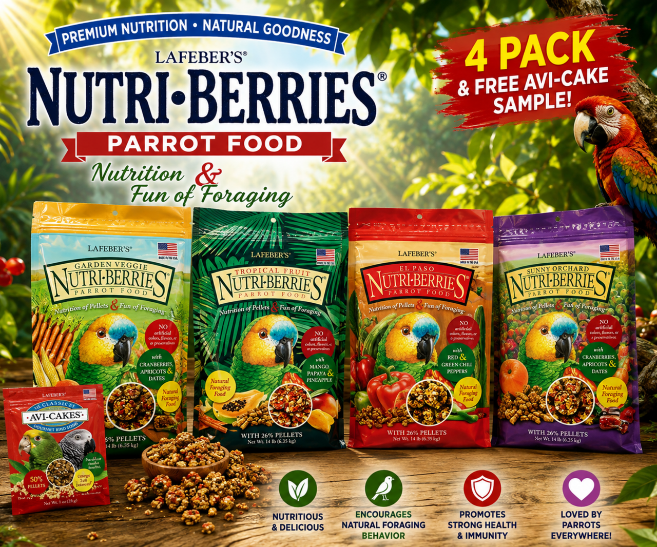 Lafeber Gourmet Nutri-Berries Parrot Variety Pack with Garden Veggie, Tropical Fruit, El Paso, Sunny Orchard Nutri-Berries, and a free Classic Avi-Cake sample for parrots, macaws, cockatoos, and conures. Promo