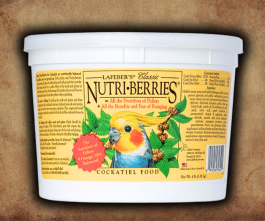 Bag of Lafeber Nutri-Berries Cockatiel Food — berry-shaped seed and grain nuggets designed for cockatiels, budgies and small parrots, offering balanced nutrition and enrichment. 4 lb