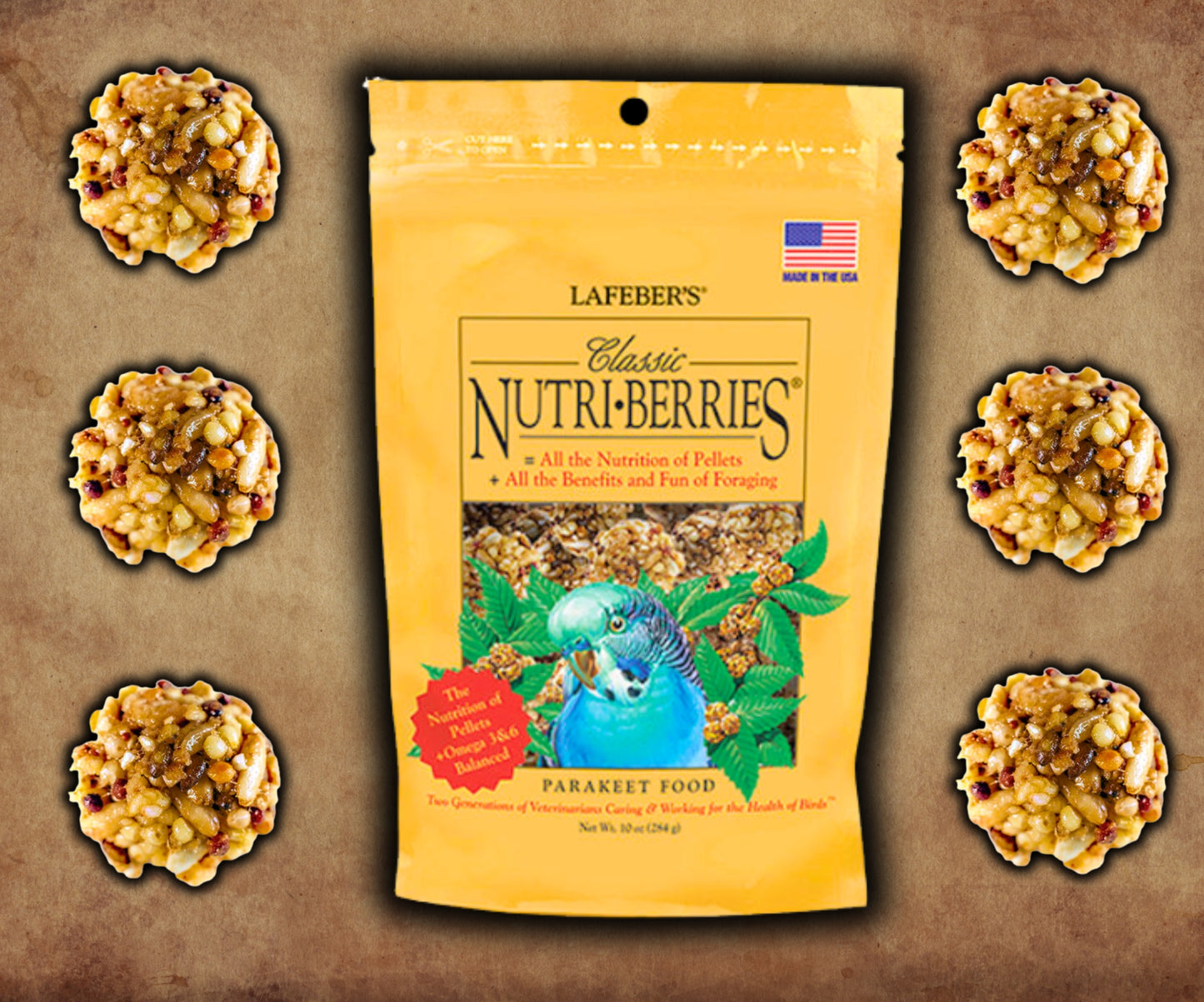 Bag of Lafeber Nutri-Berries Parakeet Food — seed and grain nuggets designed for parakeets and small parrots, providing balanced nutrition and foraging enrichment. 10 oz