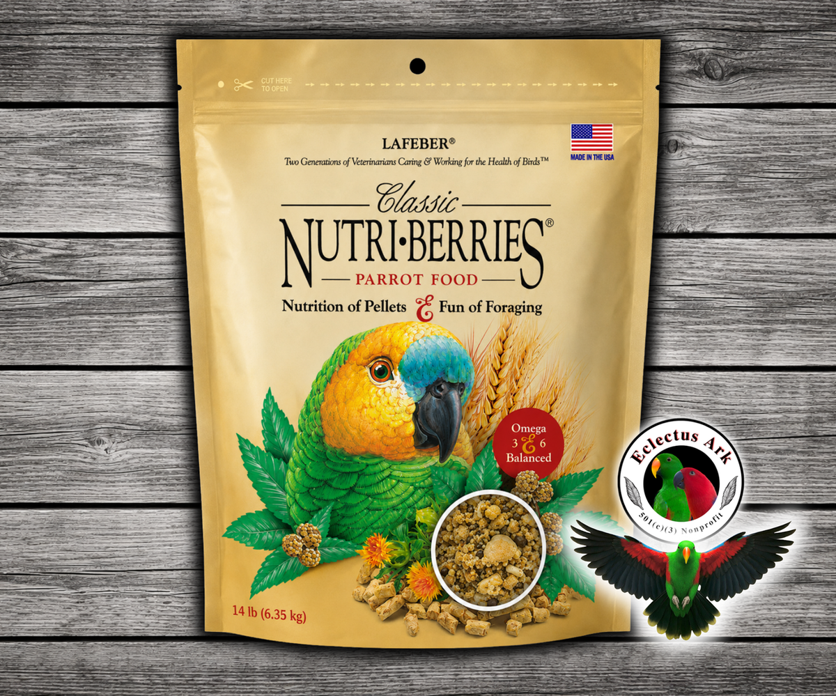 Lafeber Parrot Nutri-Berries 14 Lb with hulled white proso millet, corn, oat groats, peanuts, hulled canary grass seed, 16.5% pellets, stabilized vitamins, chelated minerals, and amino acids for parrots. 14 lb bag