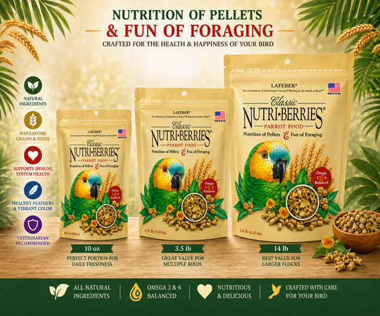 Lafeber Parrot Nutri-Berries 14 Lb with hulled white proso millet, corn, oat groats, peanuts, hulled canary grass seed, 16.5% pellets, stabilized vitamins, chelated minerals, and amino acids for parrots.Promo