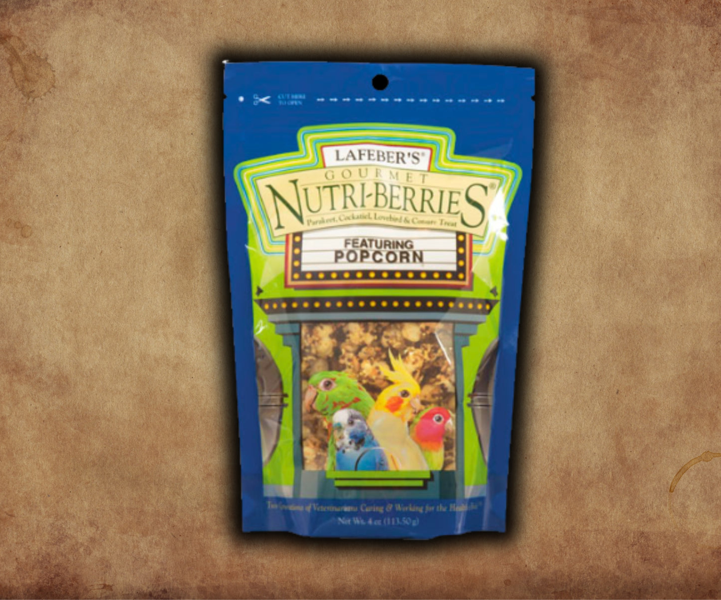 Bag of Lafeber Popcorn Nutri-Berries 4 oz — seed, grain and popcorn-infused nuggets for cockatiels and parakeets, combining nutrition and foraging enrichment.