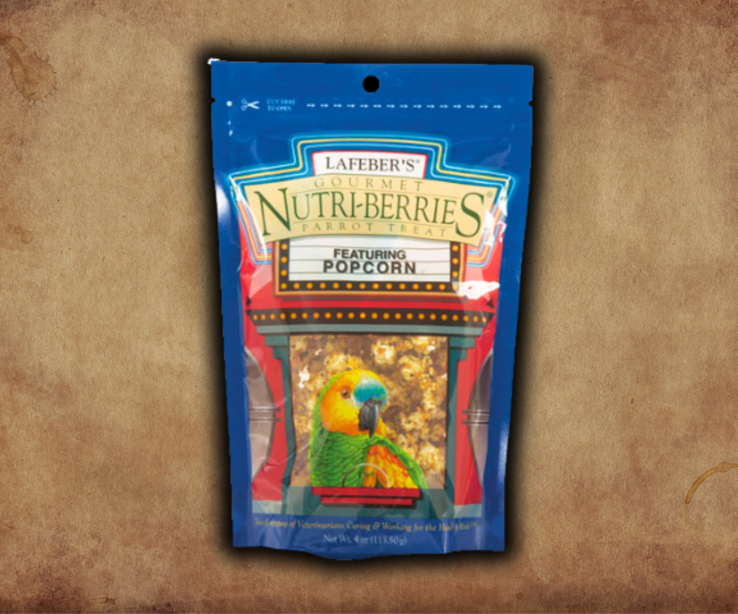 Bag of Lafeber Popcorn Nutri-Berries — berry-shaped popcorn, seed and grain nuggets for parrots and small birds, designed as a crunchy enrichment treat.