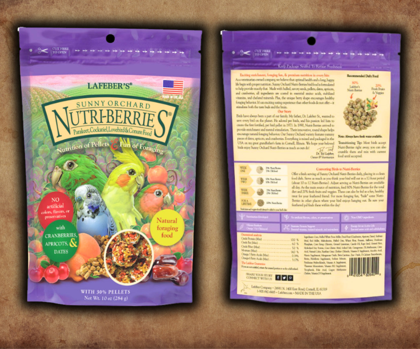 Bag of Lafeber Sunny Orchard Nutri-Berries 10 oz — berry-shaped seed, grain and fruit nuggets for cockatiels, keets and small parrots, combining nutrition and enrichment.