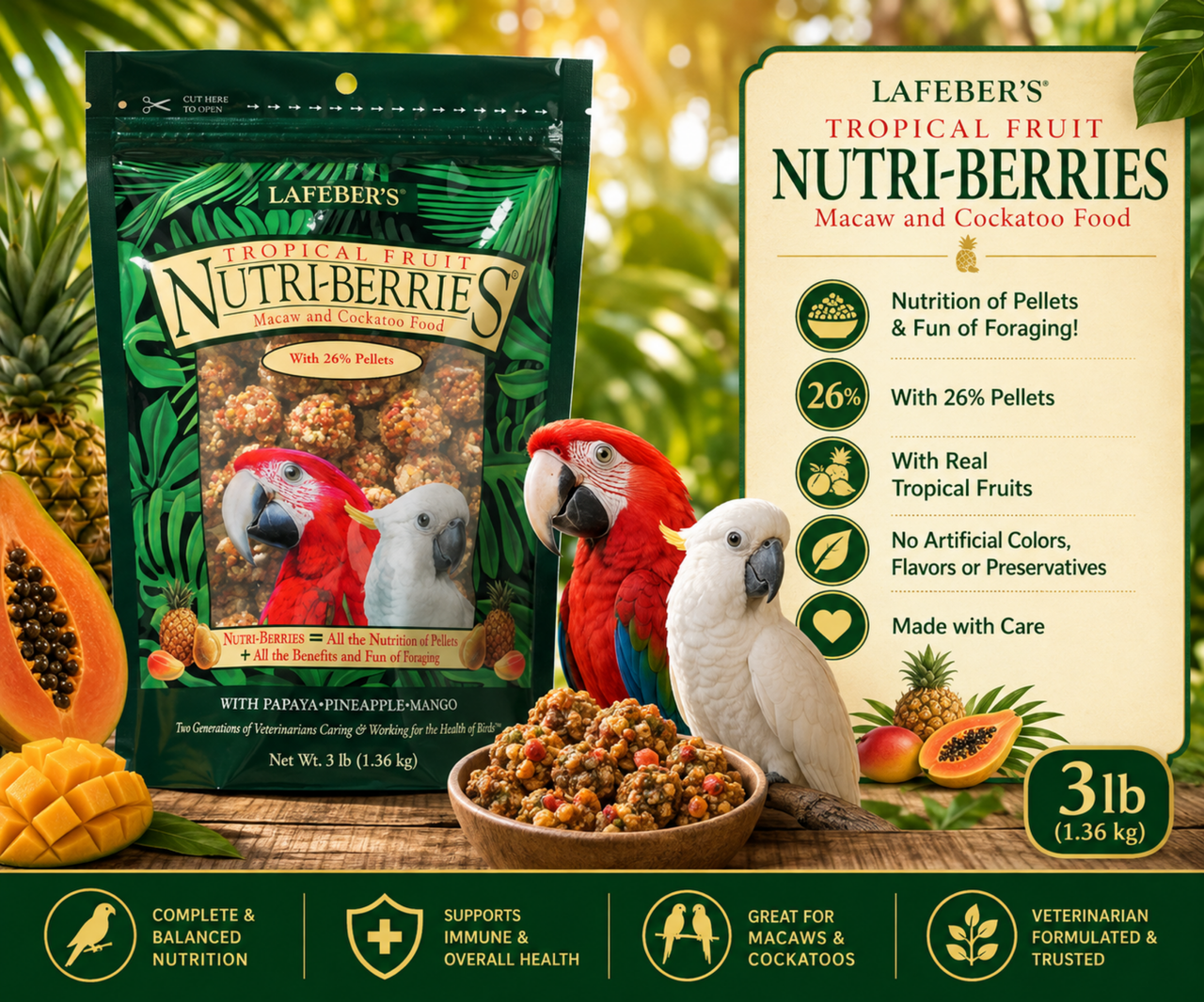 Lafeber Tropical Fruit Nutri-Berries for macaws and cockatoos with pineapple, papaya, mango, cracked corn, hulled white proso millet, safflower, red millet, peanut hearts, 26% pellets, vitamins, minerals, and omega fatty acids for large parrots. 3 lb Promo