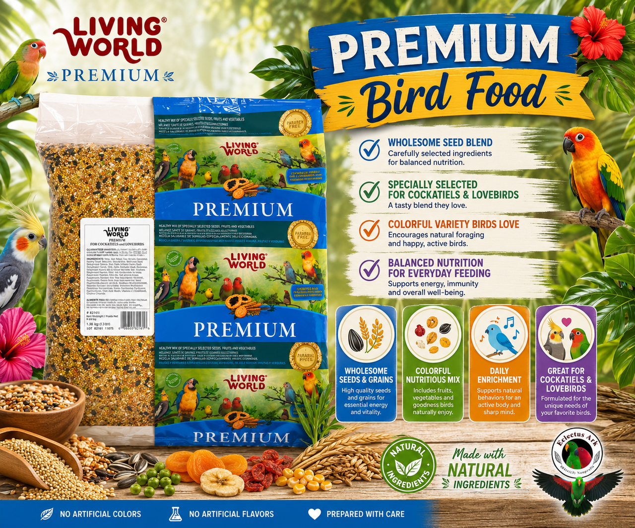 Living World Cockatiel and Lovebird Premium Food 20 Lb with air cleaned polished seeds, grains, fruits, vegetables, nuts, and Tropican enrichment by Hagen. 20 lb Bag Promotional Image