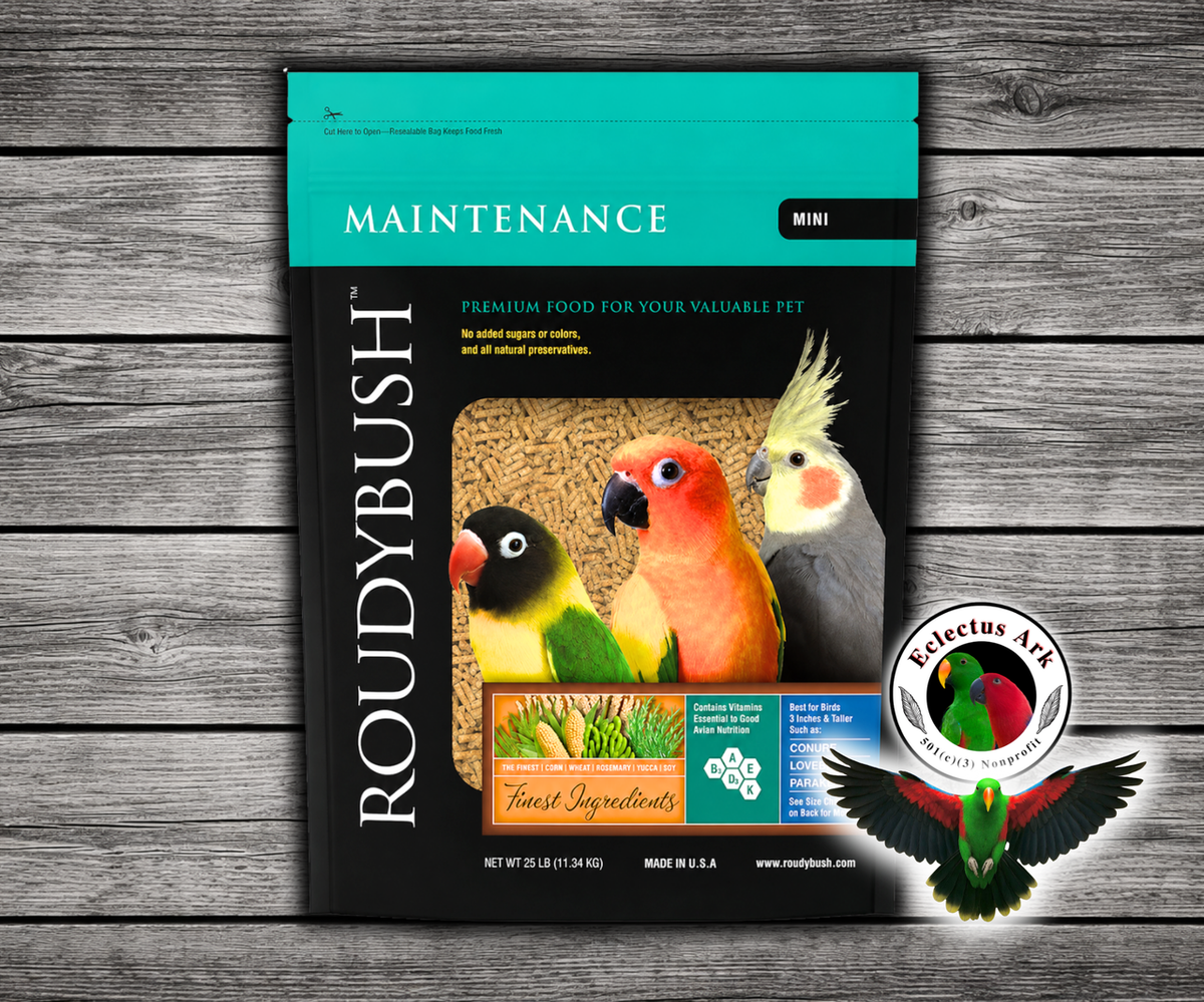 Roudybush Daily Maintenance Mini Parrot Food made with all-natural ingredients and no added food coloring or sugar for small parrots, cockatiels, and lovebirds. 25 lb bag