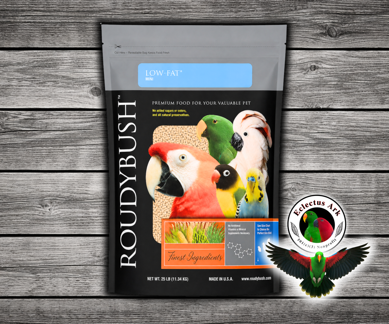 Roudybush Low Fat Mini Parrot Food made with all-natural ingredients and no added food coloring or sugar for adult small parrots, conures, cockatiels, and lovebirds. 25 lb bag