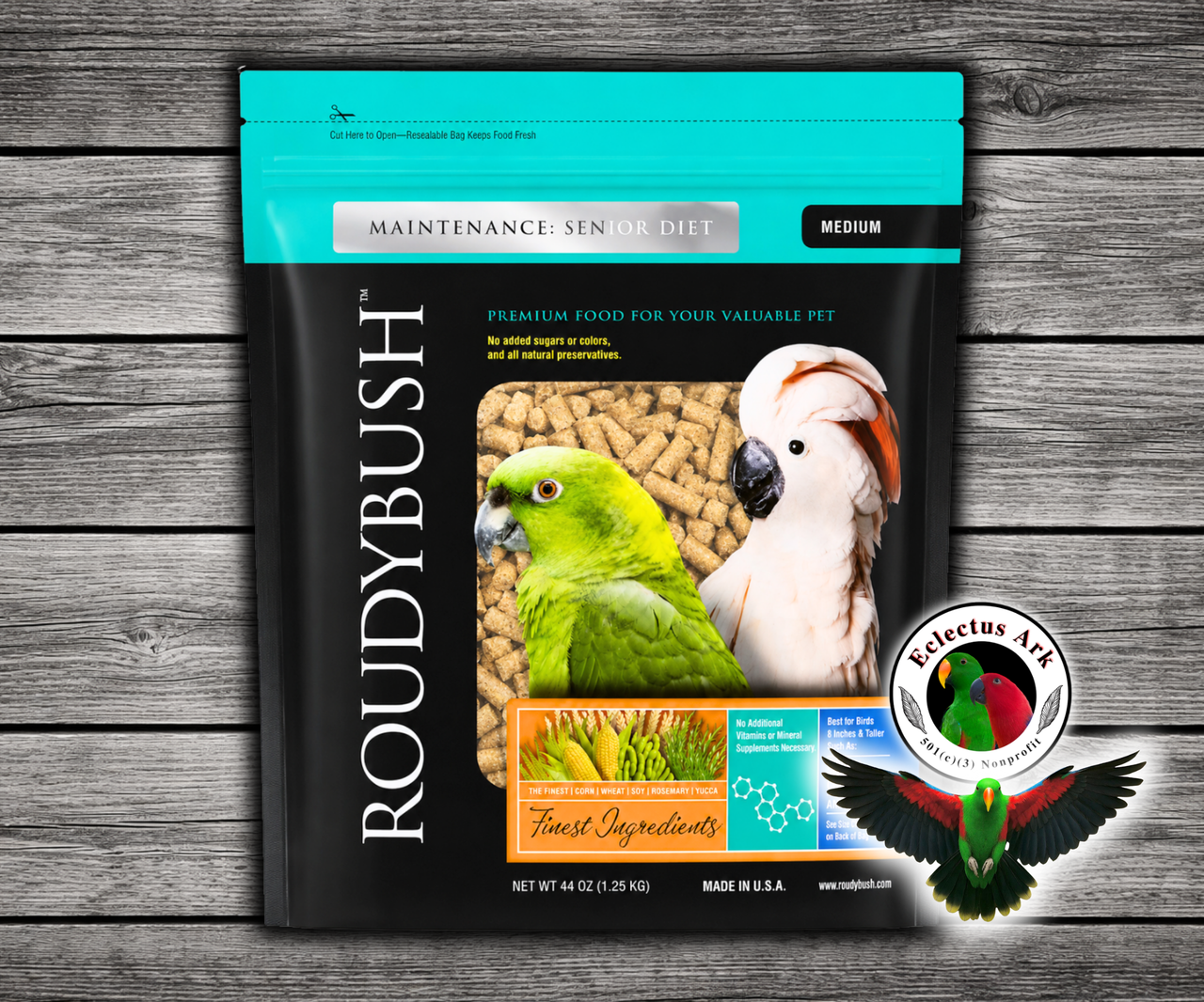 Roudybush Senior Diet Medium Parrot Food 44 Oz pellet diet with higher calcium, vitamins, trace minerals, and protein for older birds, African Greys, weaning chicks, cockatoos, macaws, and parrots.