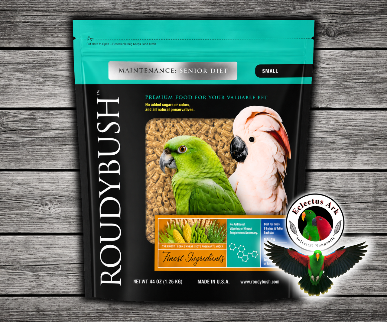 Roudybush Senior Diet Small Parrot Food 44 Oz pellet diet with higher calcium, vitamins, trace minerals, and protein for older birds, African Greys, weaning chicks, parrots, small parrots, and conures.