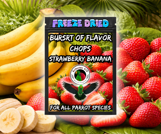 Strawberry Banana Burst of Flavor Freeze-Dried Chop for parrots made with carrots, celery, green peppers, broccoli, cauliflower, kale, Red Delicious apples, Granny Smith apples, bananas, okra, green beans, corn, green peas, papaya, and carrot. Product Bag Image