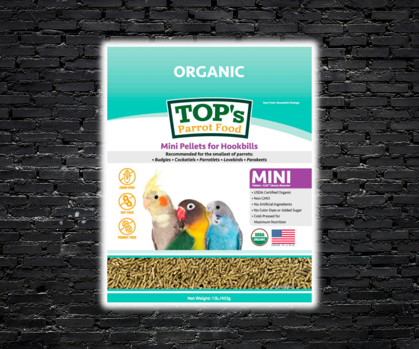 TOP’s Parrot Food Organic Mini Pellets – small size cold-pressed organic pellet diet for budgies, parrotlets and lovebirds