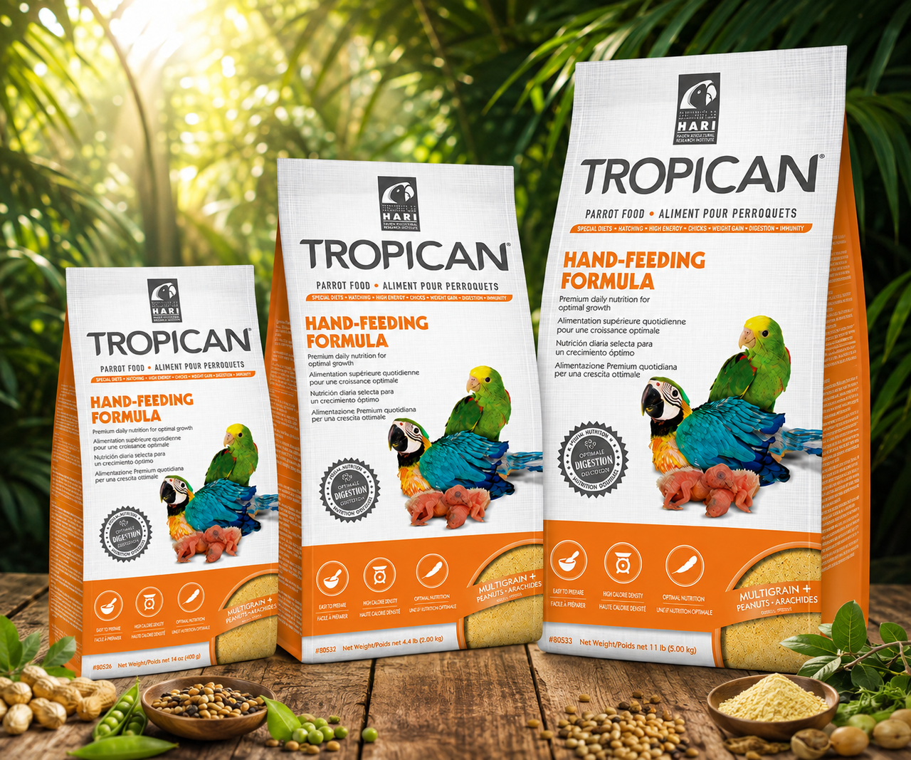 Tropican Hand Feeding Formula by Hagen for baby parrots up to fledgling, made as a finely ground extruded formula that mixes with hot water into a smooth mash. Promotional Image