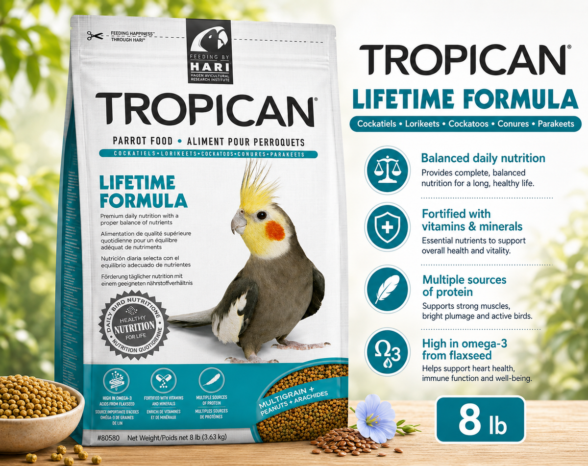 Tropican Lifetime Cockatiel Granules by Hagen, 2 mm extruded maintenance food for cockatiels, lovebirds, rosellas, and parrotlets with vitamins, minerals, grains, nuts, and omega fatty acids. 8 lb bag