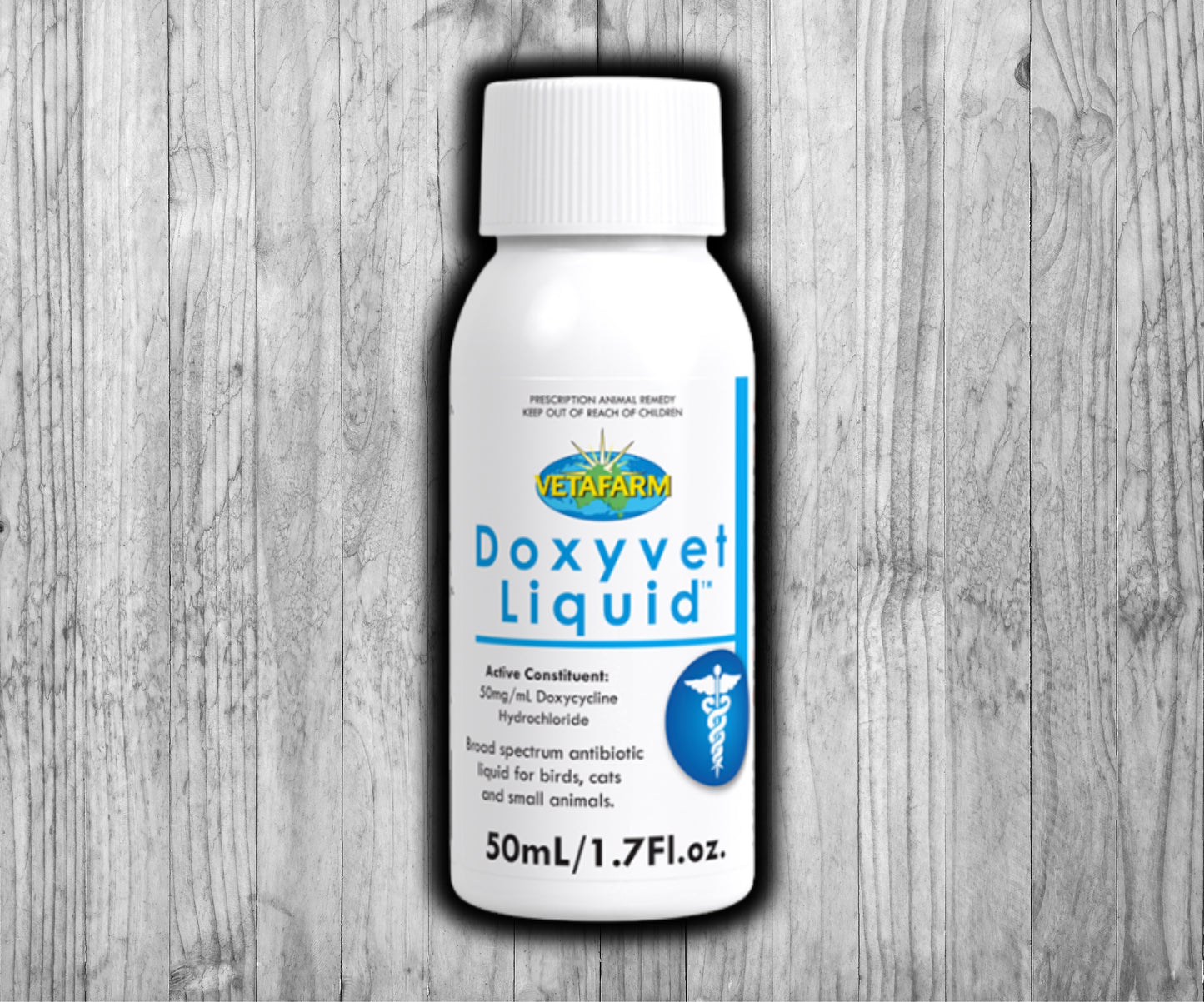 Vetafarm Doxyvet Liquid broad-spectrum antibiotic for birds, cats, and small animals, effective against bacteria including Chlamydia and Mycoplasma.
