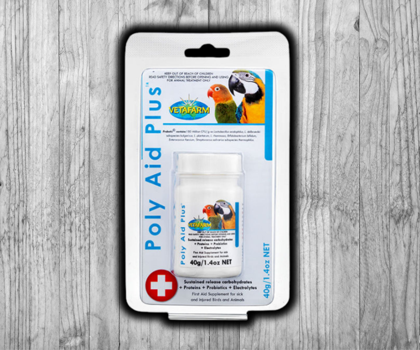 Vetafarm Poly-Aid Plus 40 g bird recovery supplement with vitamins, protein, electrolytes, and probiotics for sick or stressed birds.