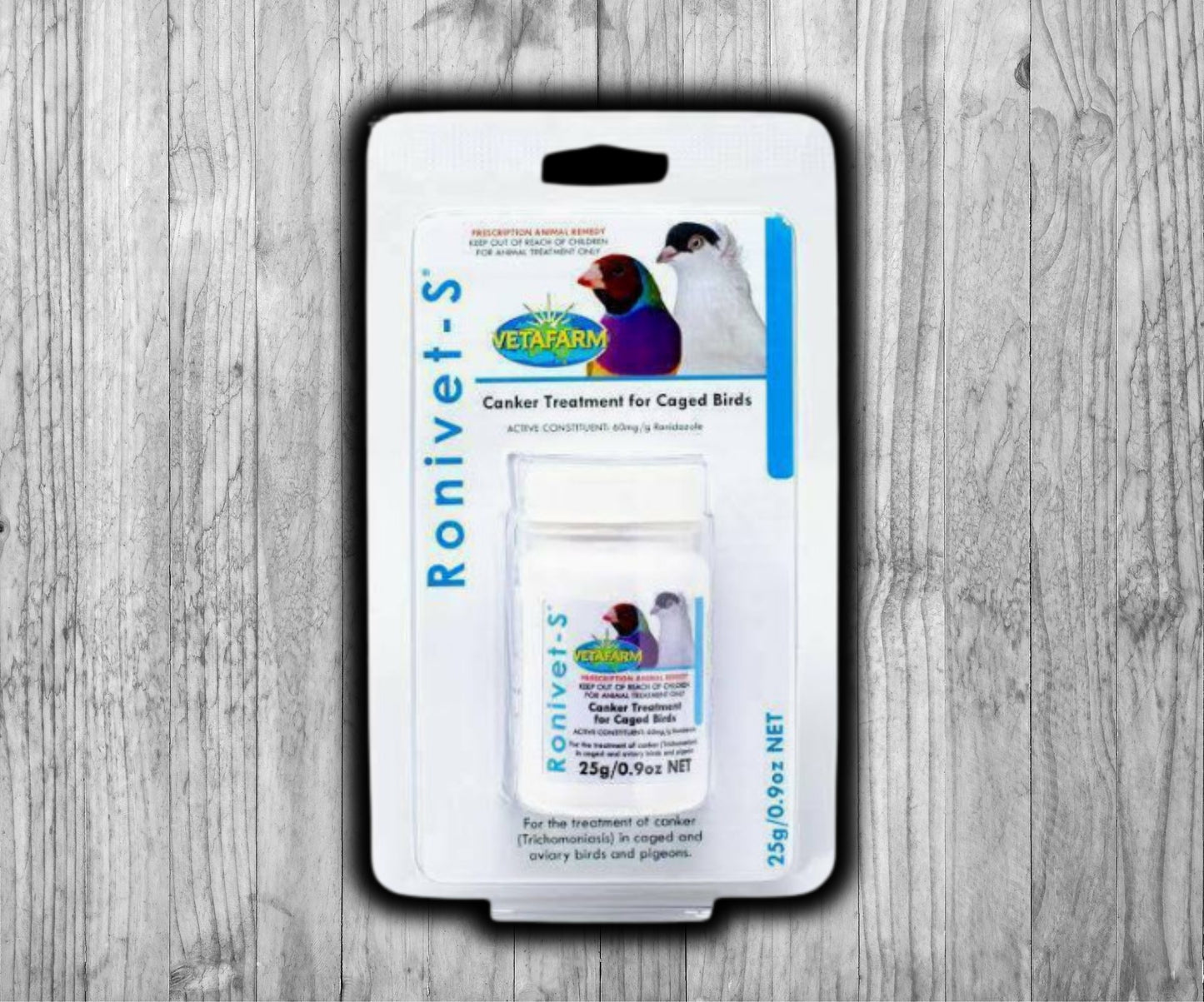 Vetafarm Ronivet-S bird medication container used to treat Canker and protozoal infections like Trichomonas and Giardia.