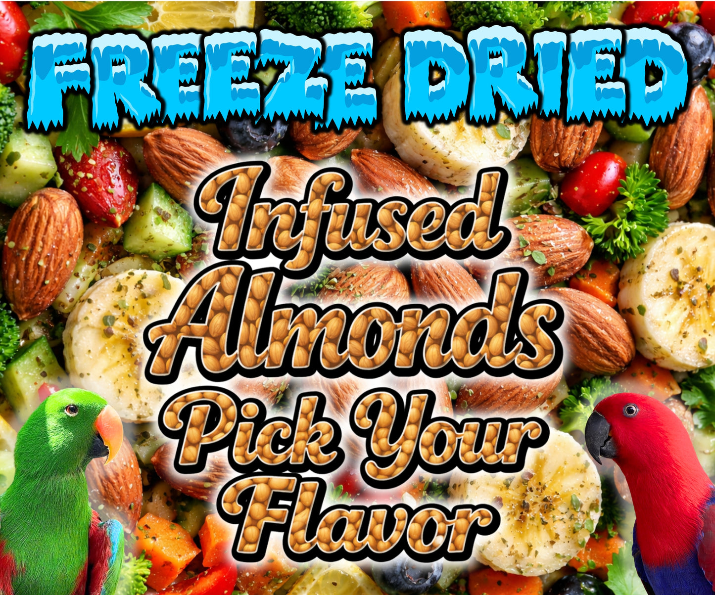 Freeze-dried Italian seasoning infused almonds made by Eclectus Ark nonprofit to support parrot care and conservation