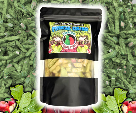 Front view of Eclectus Ark Freeze Dried Kale Greens Battered Apple Fries package.