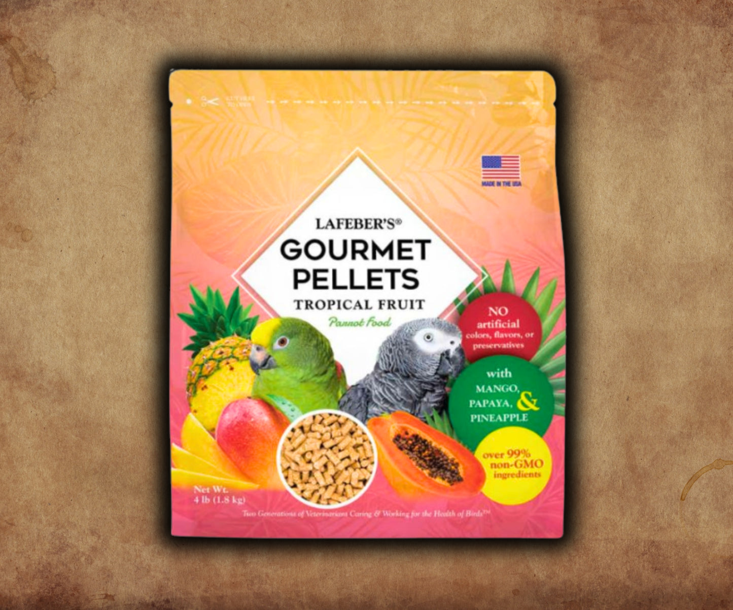 Bag of Lafeber Parrot Tropical Fruit Gourmet Pellets — pellet food with dried papaya, mango, pineapple, vitamins and omegas for medium to large parrots. 4 lb