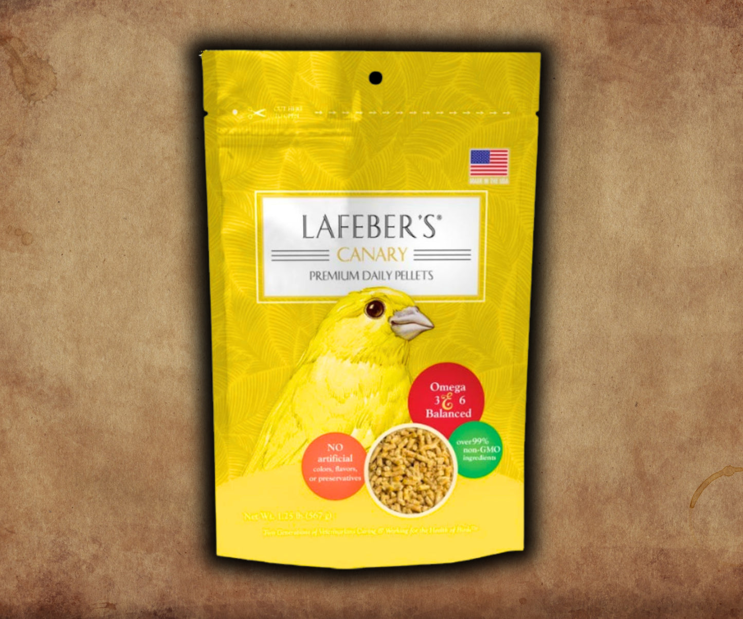 Bag of Lafeber Premium Daily Diet for Canaries — small‑pellet bird food with corn, soybean meal, egg protein, vitamins and omegas for daily nutrition.