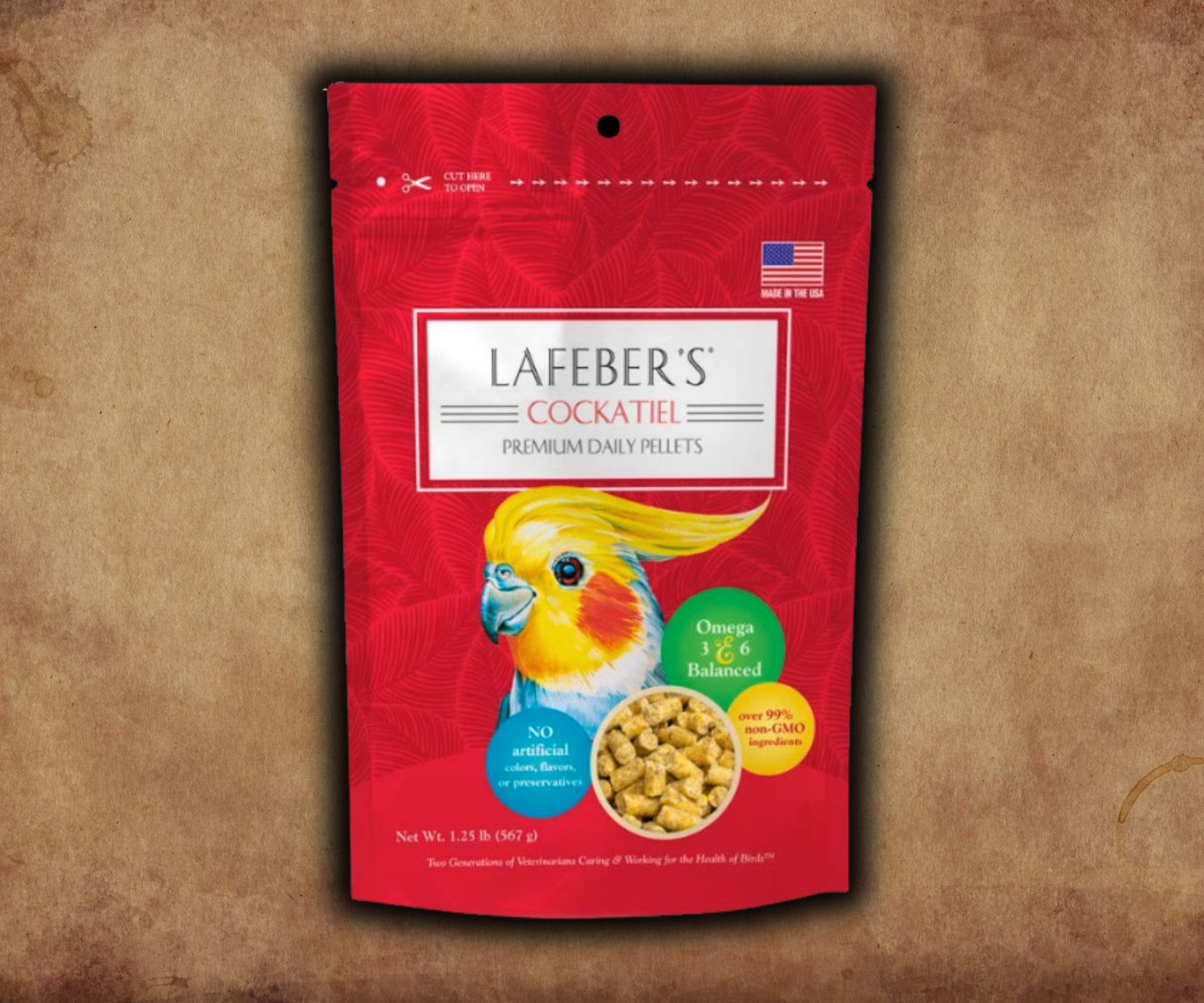 Bag of Lafeber Premium Daily Diet pellets for cockatiels and small parrots — ground corn and soy‑meal pellet food fortified with vitamins, minerals, and omegas for daily nutrition.
