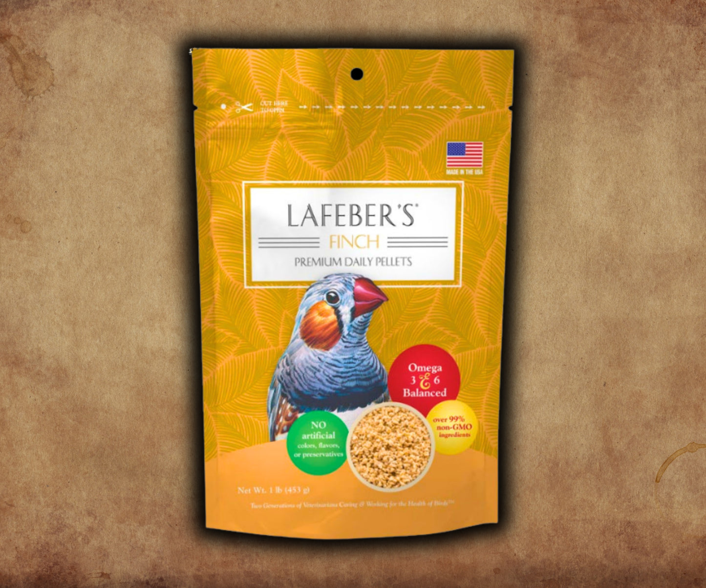 Bag of Lafeber Premium Daily Diet Granules for Finches — pelleted finch food with corn, soybean meal, oat groats, whole‑egg protein, vitamins and omegas for daily nutrition.