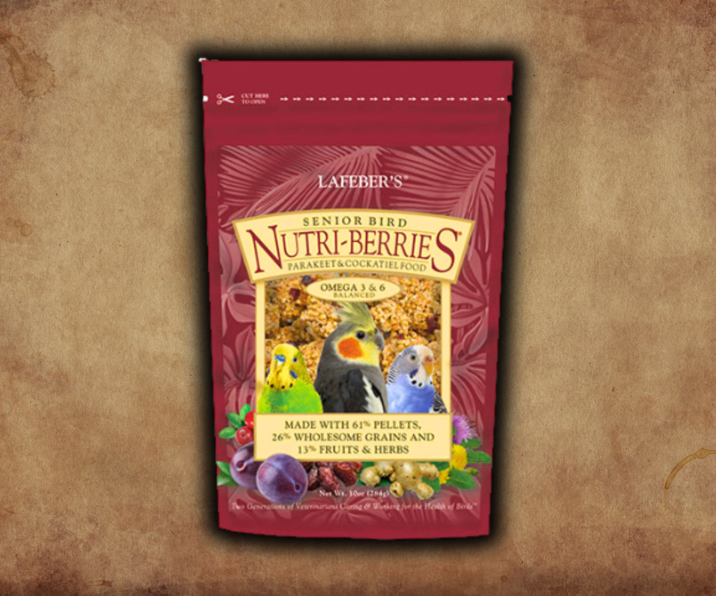 Bag of Lafeber Senior Bird Nutri‑Berries for parakeets and cockatiels — pellet, grain, fruit & herb based senior bird food with antioxidants and joint‑support nutrients.