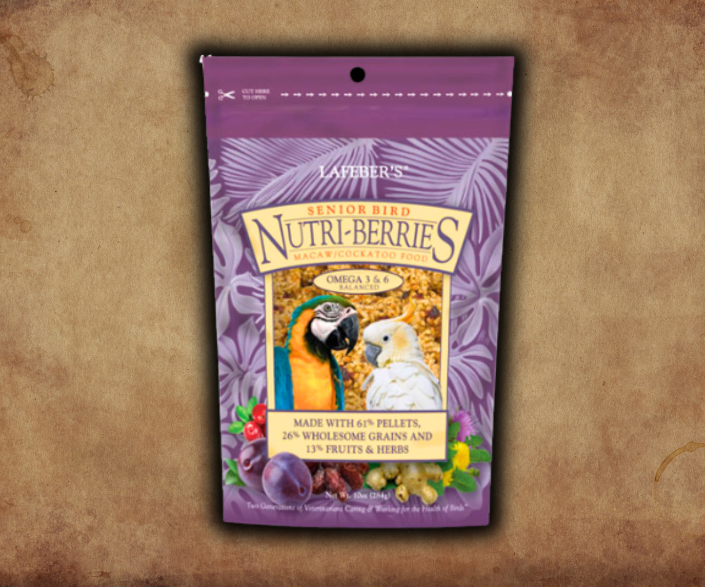 Bag of Lafeber Senior Bird Nutri‑Berries for Macaws & Cockatoos — berry‑shaped senior parrot food with pellets, grains, fruit, herbs and joint‑support supplements for aging birds