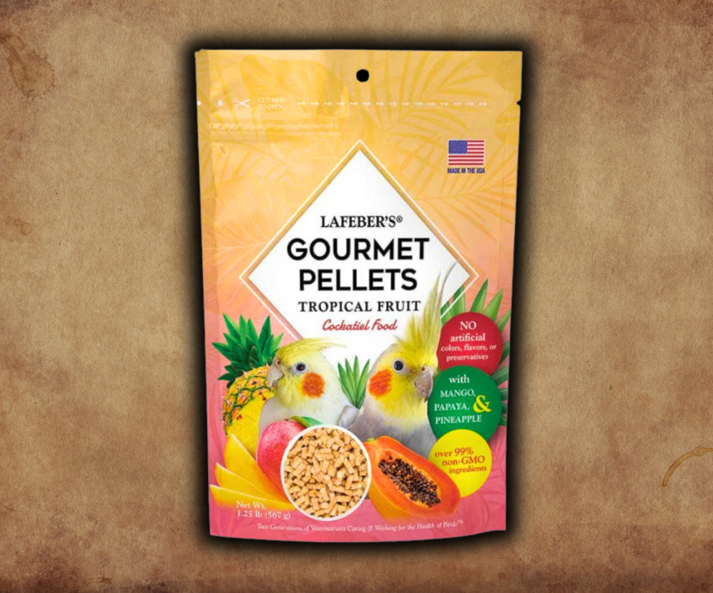 Bag of Lafeber Tropical Fruit Gourmet Pellets for cockatiels and small parrots — pellets with real dried papaya, mango and pineapple, vitamins and omegas for daily nutrition.